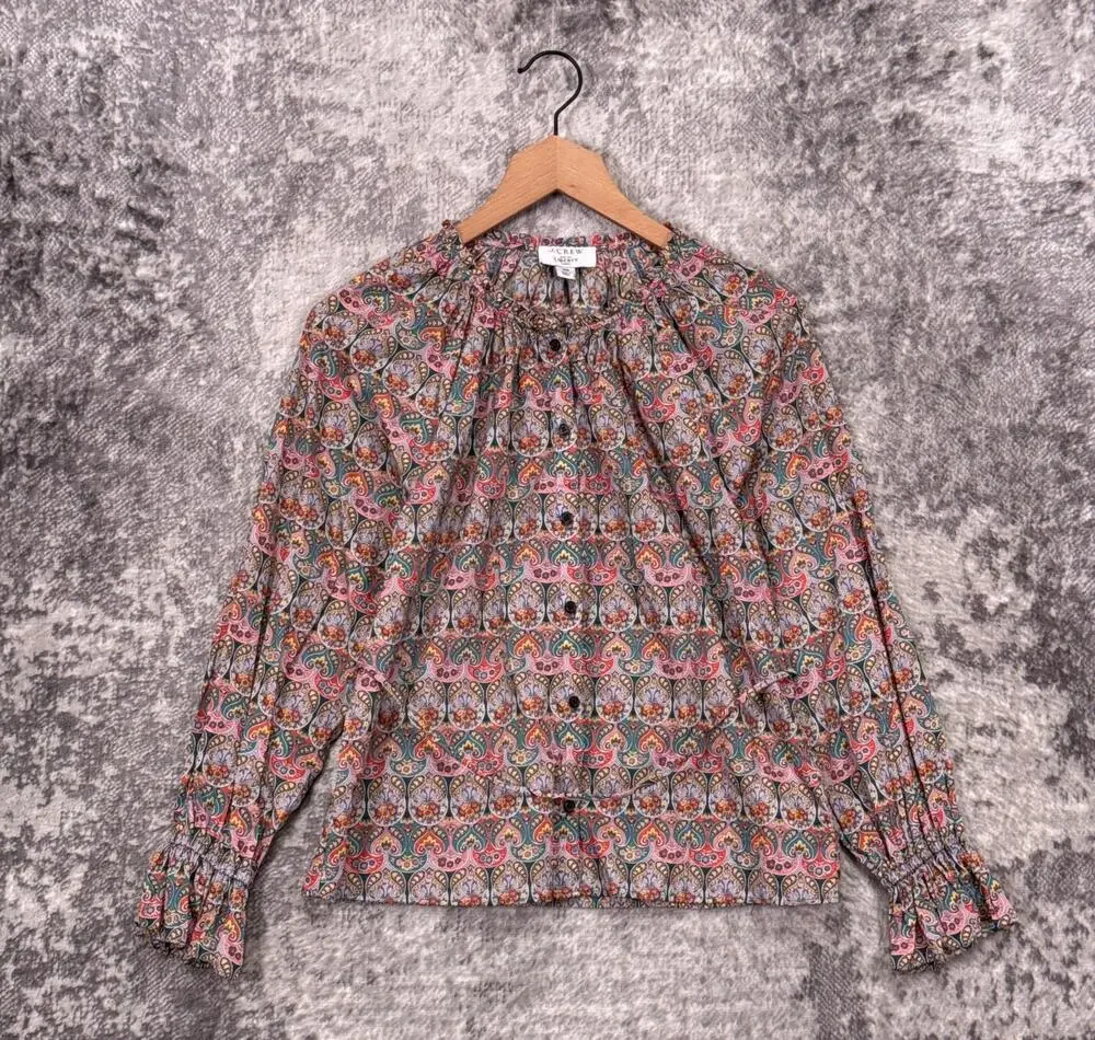 J Crew Top XS Womens Liberty of London Print Tie Waist Button Cotton Shirt